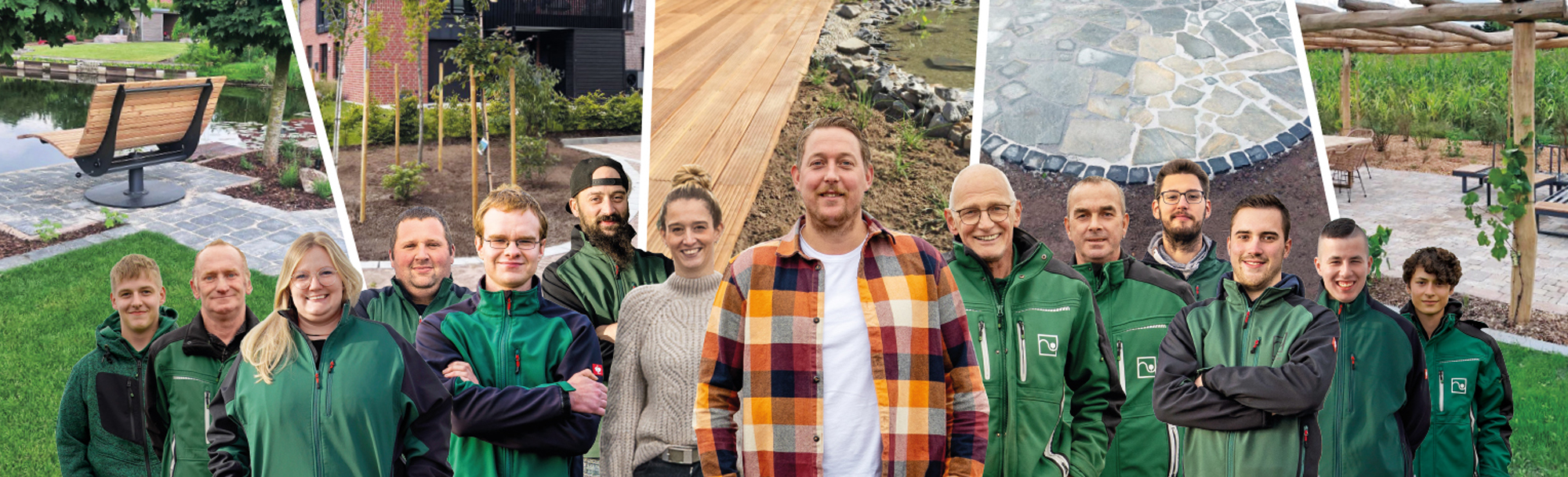 Das Team von Garten Marsmann vor Referenzprojekten aus dem Garten- und Landschaftsbau